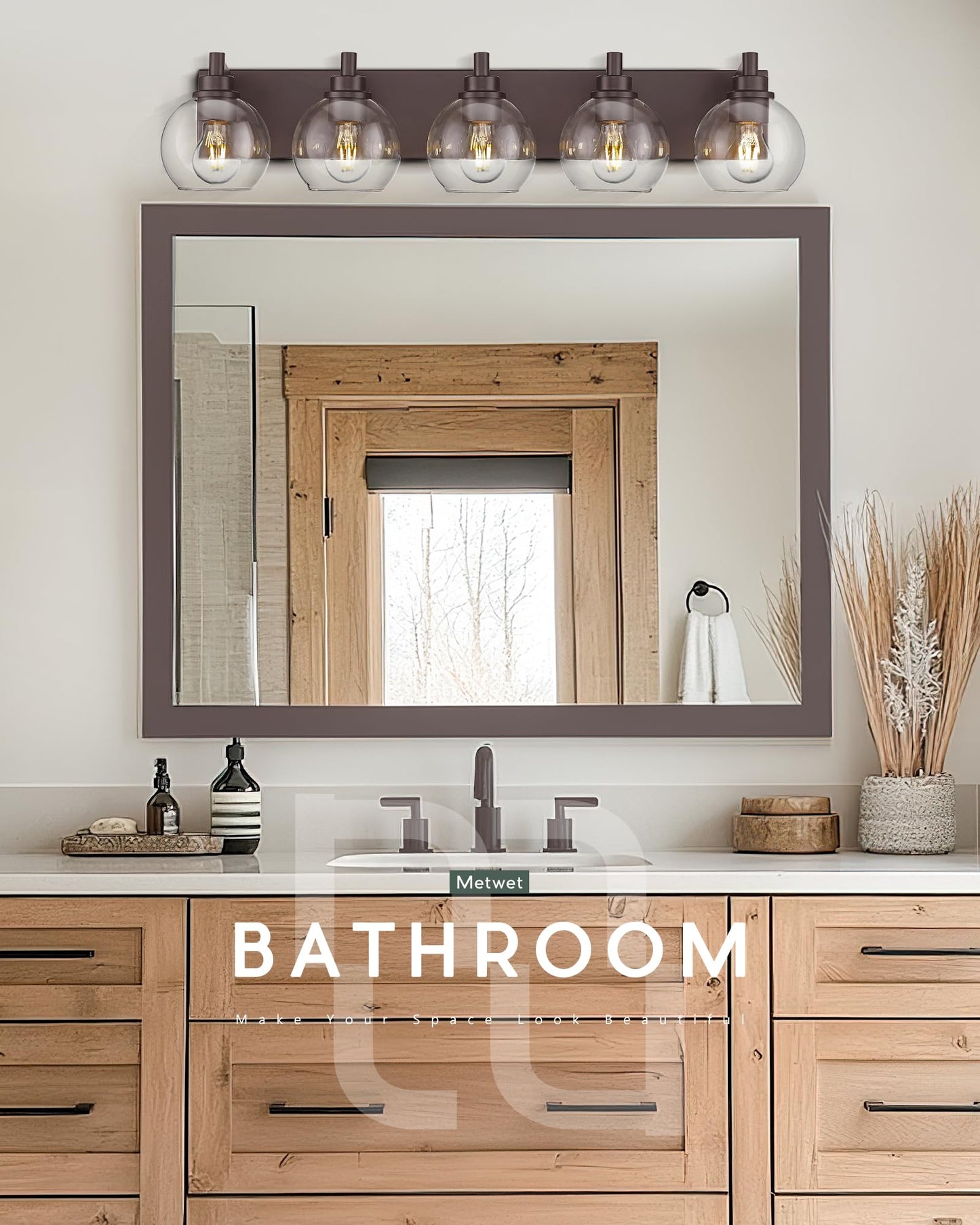 METWET 5-Light Bathroom Vanity Light Fixtures, Oil-Rubbed Bronze, Globe Clear Glass Shade, Model VL195-ORB-5, 32 Inch Modern Sconces