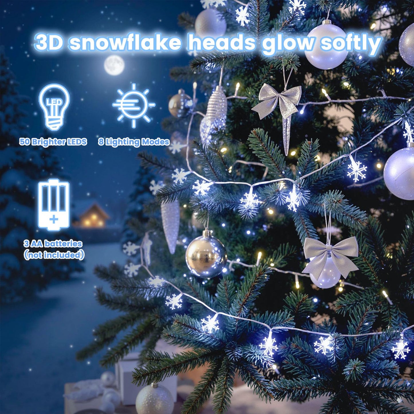 DomeStar Snowflake String Lights, 100LED, 50Ft, Battery Operated, Waterproof, Blue, Model HR4032981, Indoor/Outdoor Decor