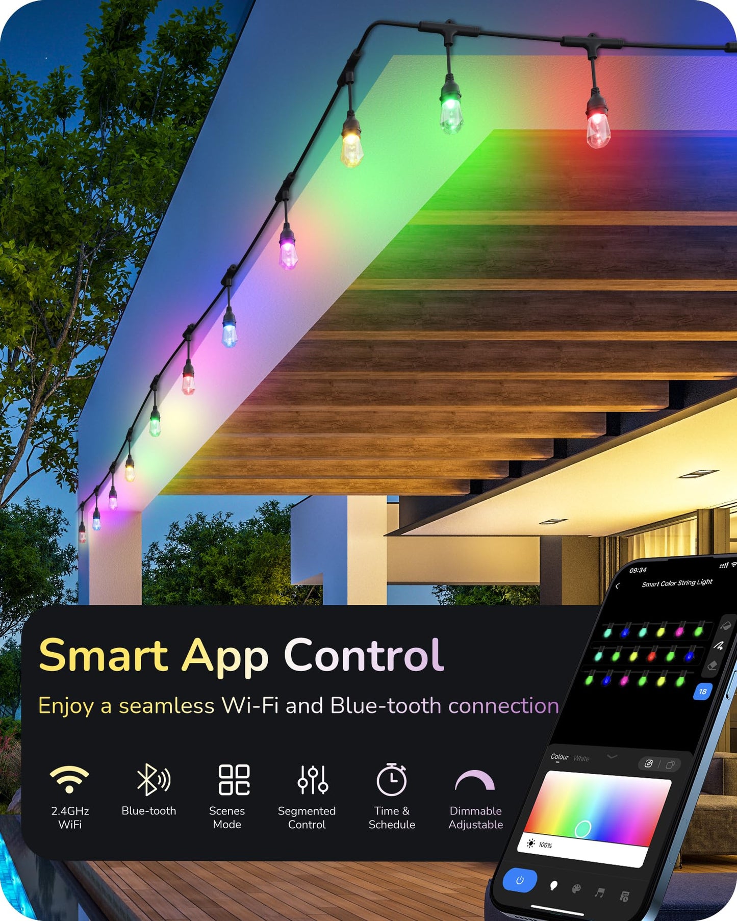 EDISHINE Smart String Lights, 48ft, 18 Acrylic RGB LED Bulbs, Waterproof, Dimmable, WiFi & APP Control, Compatible with Alexa