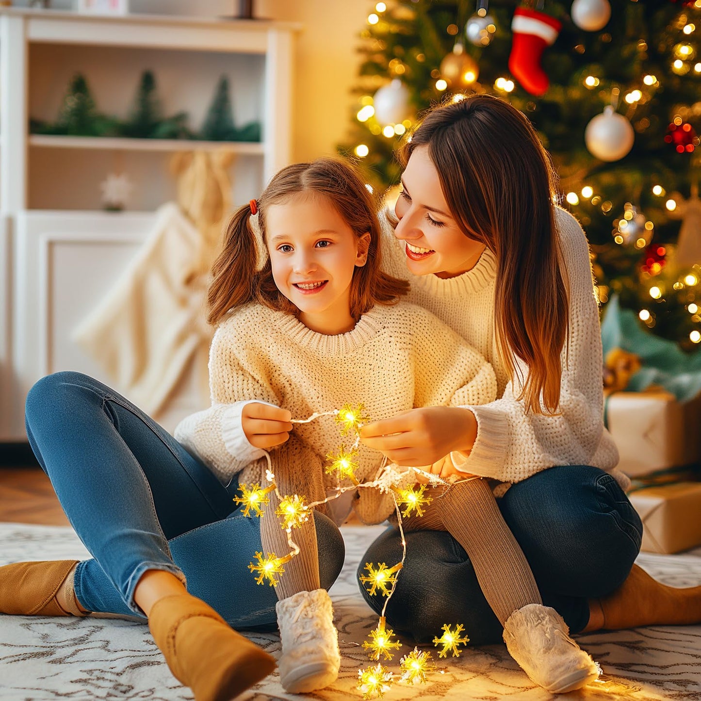 Minetom Snowflake String Lights, 50 LED, 26 Ft, Battery Operated, Waterproof, Warm White, 2 Pack