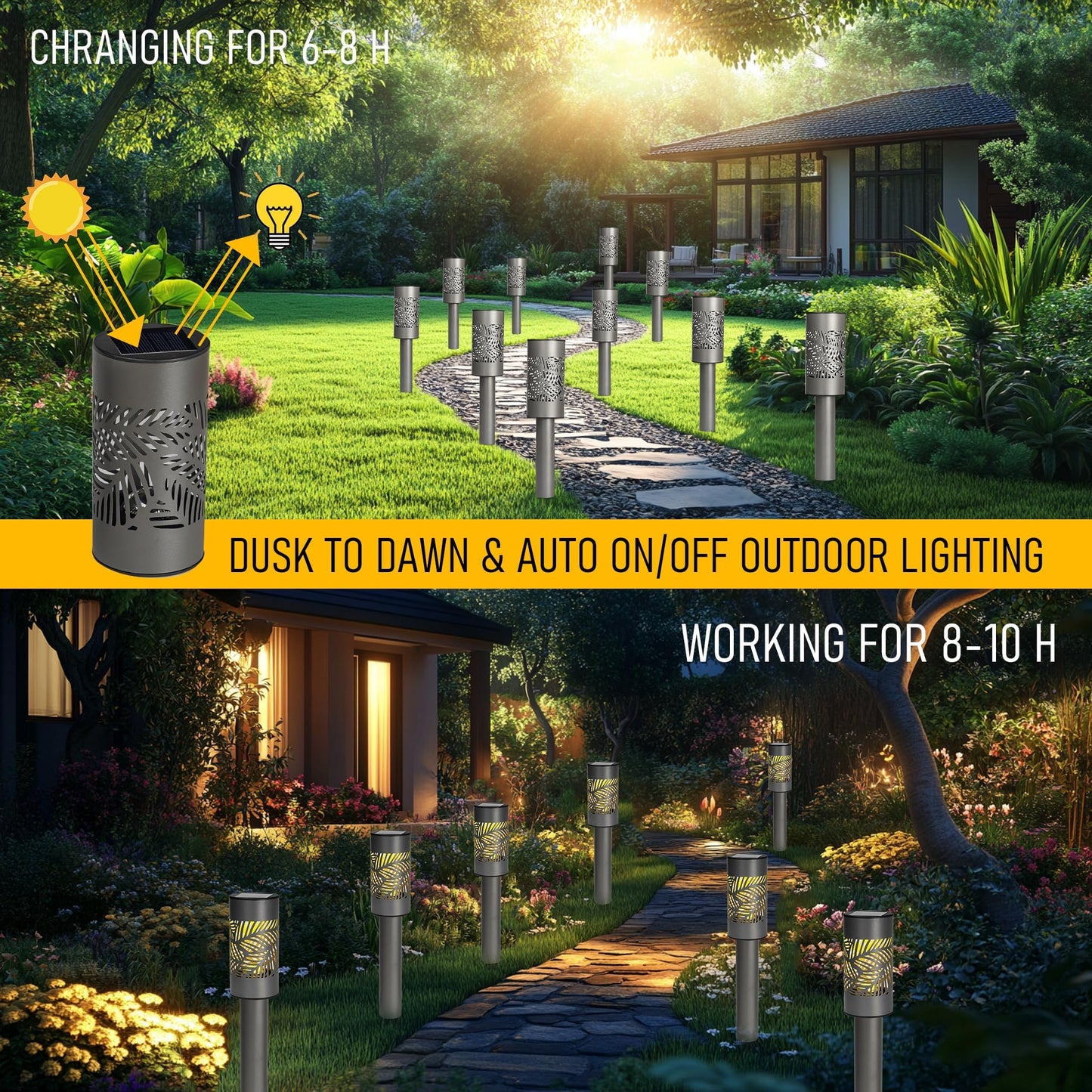 Dazzle Bright Solar Pathway Lights, 12 Pack LED Warm White, Waterproof, Black, Model SOLAR-B