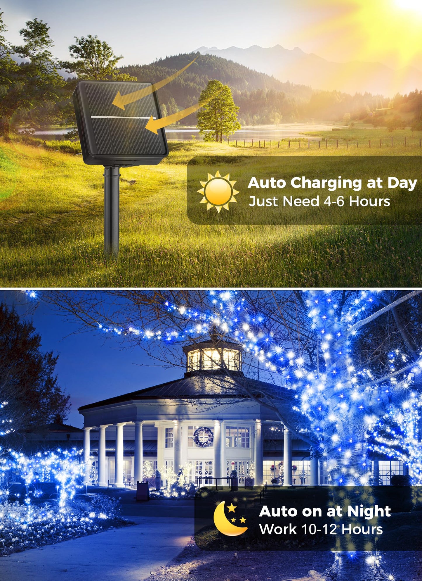 Minetom Solar String Lights - 400 LED, 160FT, 8 Modes, Waterproof, Outdoor Christmas Lights, 4 Pack, Blue & White