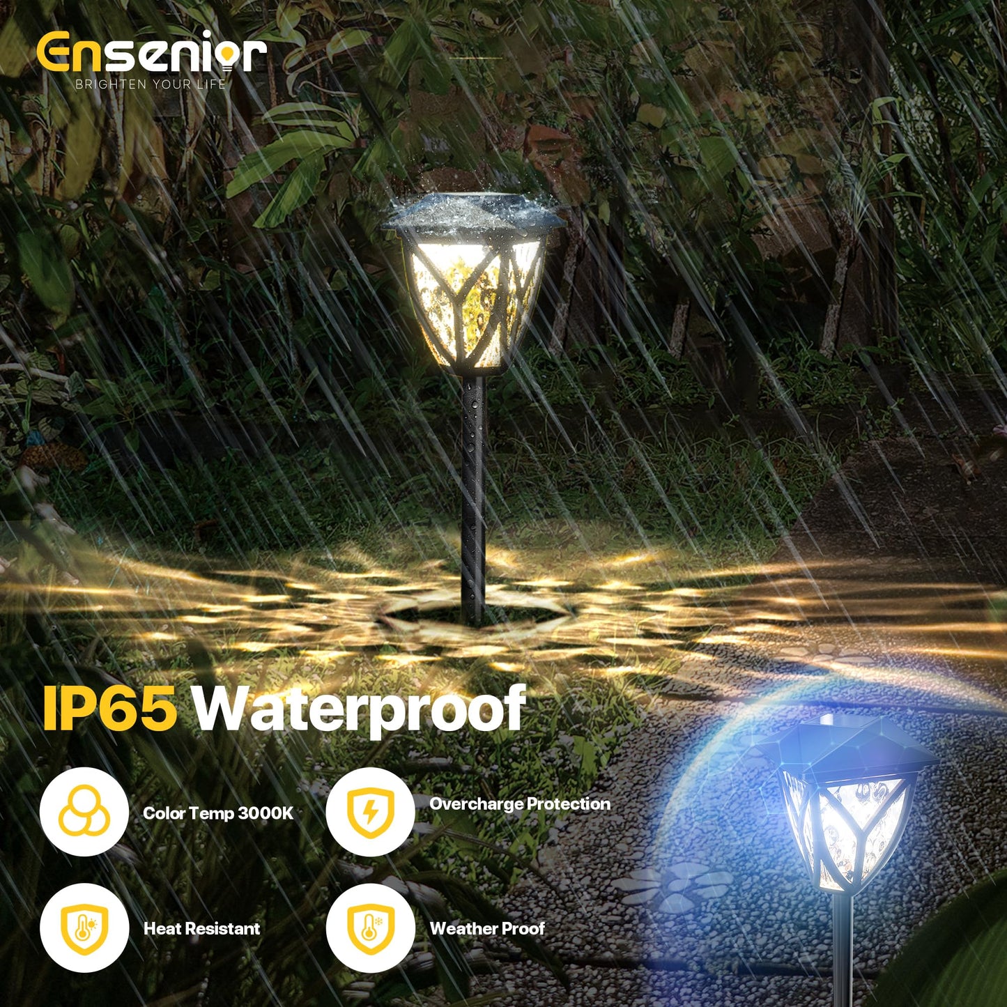 Ensenior Solar Garden Lights - 3000K LED, Waterproof, Black, 6-Pack, Model CP1-9CM-30K-06-BL-ZY-M02